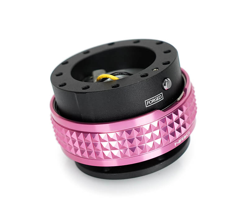 NRG Quick Release Adapter Black Body with Pink Pyramid Ring - 2.1 Pyramid Series SRK-210BK-PK, featuring a sleek black design with a vibrant pink pyramid pattern, high-quality build, and ergonomic installation for Japanese mini trucks