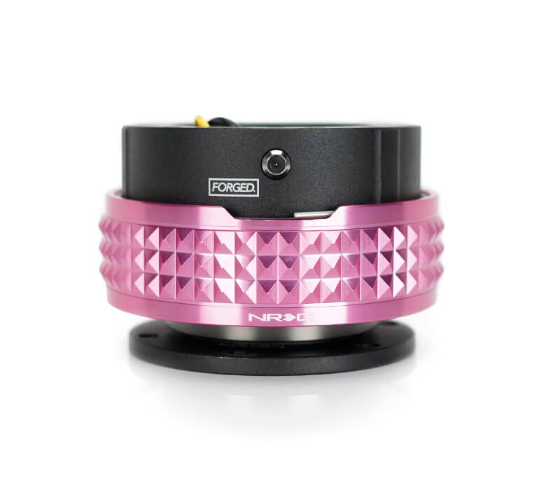 NRG Quick Release Adapter Black Body with Pink Pyramid Ring - 2.1 Pyramid Series SRK-210BK-PK, side view showcasing premium construction and unique pink pyramid texture for enhanced grip and style