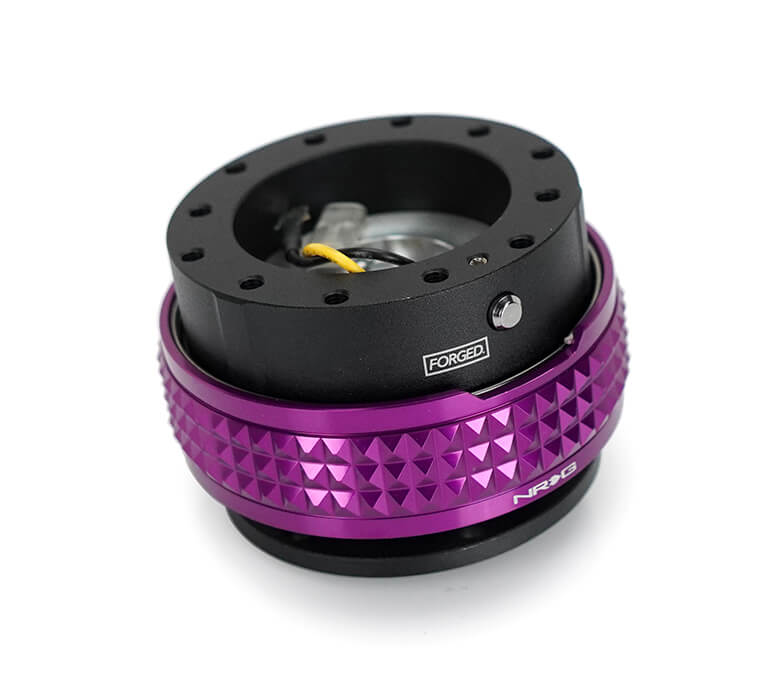 NRG Quick Release Adapter Black Body with Purple Pyramid Ring - 2.1 Pyramid Series SRK-210BK-PP, featuring a sleek black design with a vibrant purple pyramid pattern, high-quality build, and ergonomic installation for Japanese mini trucks