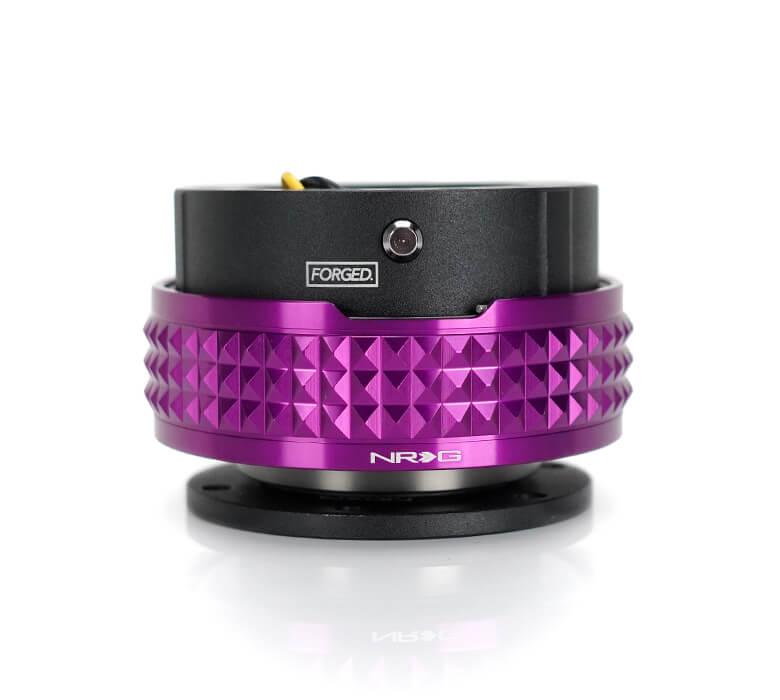 NRG Quick Release Adapter Black Body with Purple Pyramid Ring - 2.1 Pyramid Series SRK-210BK-PP, side view showcasing premium construction and unique purple pyramid texture for enhanced grip and style