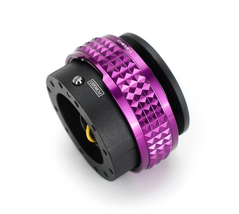 NRG Quick Release Adapter Black Body with Purple Pyramid Ring - 2.1 Pyramid Series SRK-210BK-PP, angled view highlighting detailed build and aesthetic appeal for Japanese mini trucks