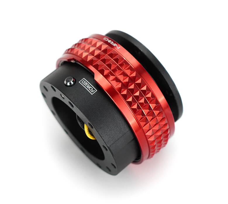 NRG Quick Release Adapter Black Body with Red Pyramid Ring - 2.1 Pyramid Series SRK-210BK-RD, side view showcasing premium construction and unique red pyramid texture for enhanced grip and style
