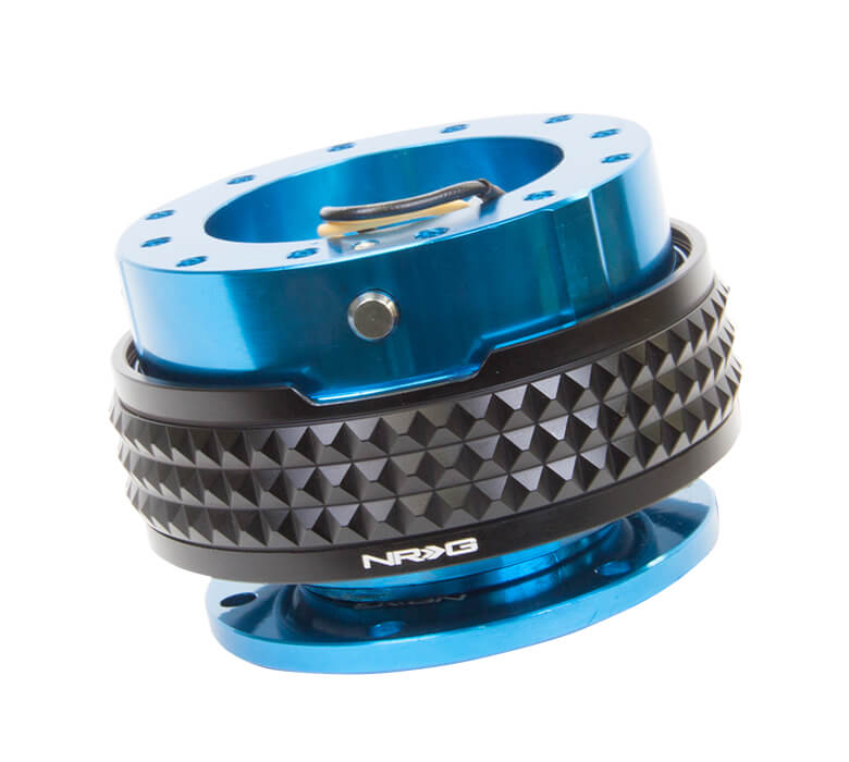 NRG Quick Release Kit Blue Body with Black Pyramid Ring - 2.1 Pyramid Series SRK-210BL-BK, side view showcasing premium construction and unique black pyramid texture for enhanced grip and style