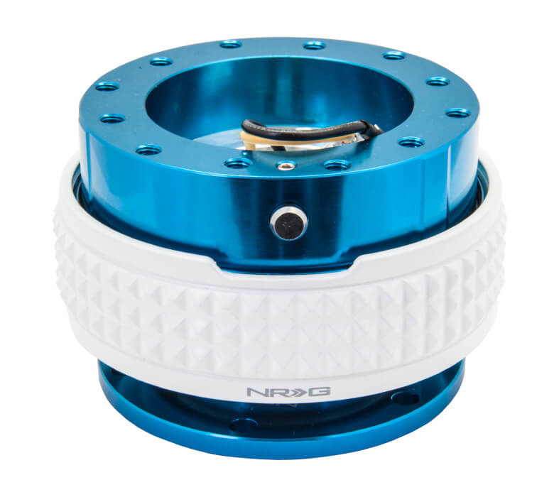 NRG Quick Release Kit Blue Body with Glow in the Dark Pyramid Ring - 2.1 Pyramid Series SRK-210BL-GL, featuring a vibrant blue design with a glow-in-the-dark pyramid pattern, high-quality build, and ergonomic installation for Japanese mini trucks