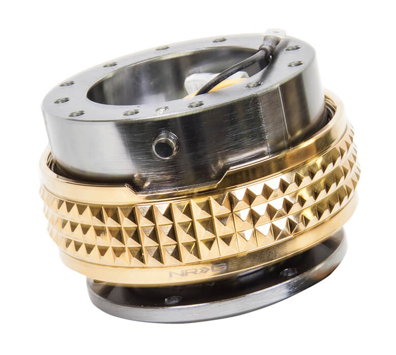 NRG Quick Release Kit Gunmetal Body with Chrome Gold Pyramid Ring - 2.1 Pyramid Series SRK-210GM-CG, side view showcasing premium construction and unique gold pyramid texture for enhanced grip and style