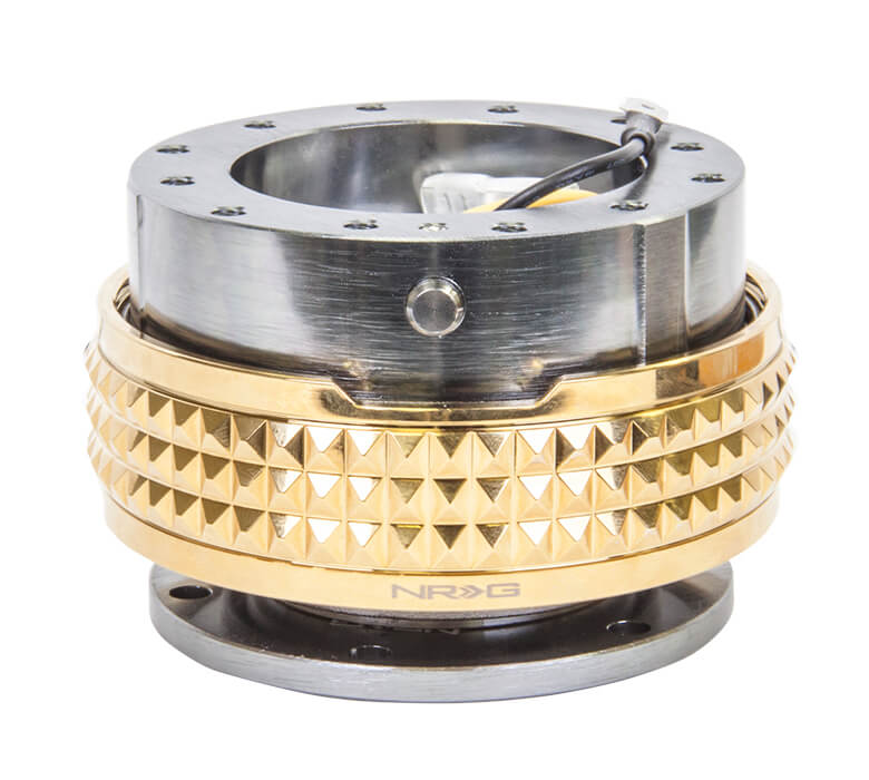 NRG Quick Release Kit Gunmetal Body with Chrome Gold Pyramid Ring - 2.1 Pyramid Series SRK-210GM-CG, featuring a sleek gunmetal design with a striking gold pyramid pattern, high-quality build, and ergonomic installation for Japanese mini trucks