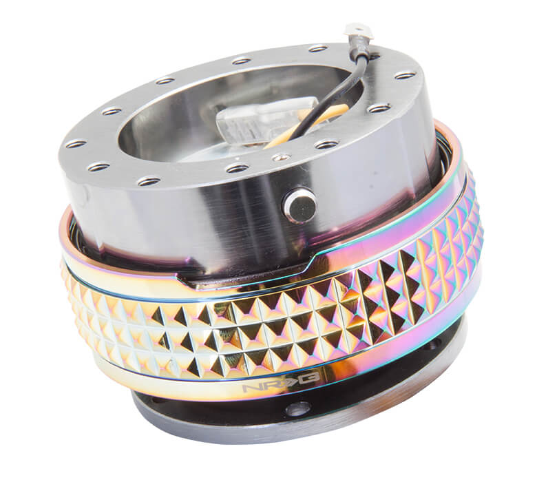 NRG Quick Release Kit Gunmetal Body with Neochrome Pyramid Ring - 2.1 Pyramid Series SRK-210GM-MC, side view showcasing premium construction and unique neochrome pyramid texture for enhanced grip and style