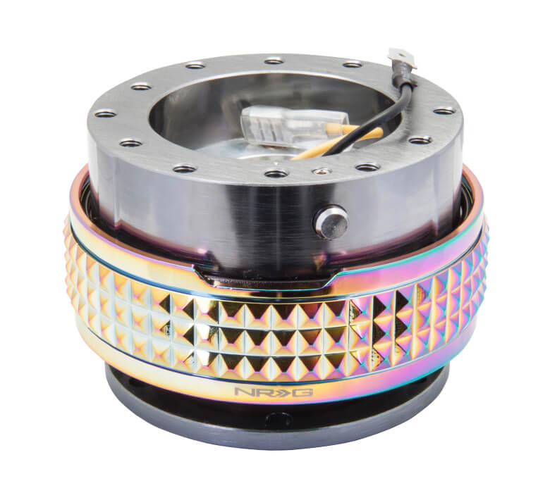 NRG Quick Release Kit Gunmetal Body with Neochrome Pyramid Ring - 2.1 Pyramid Series SRK-210GM-MC, featuring a sleek gunmetal design with a vibrant neochrome pyramid pattern, high-quality build, and ergonomic installation for Japanese mini trucks