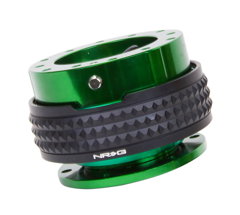 NRG Quick Release Kit Green Body with Black Pyramid Ring - 2.1 Pyramid Series SRK-210GN-BK, side view showcasing premium construction and unique black pyramid texture for enhanced grip and style