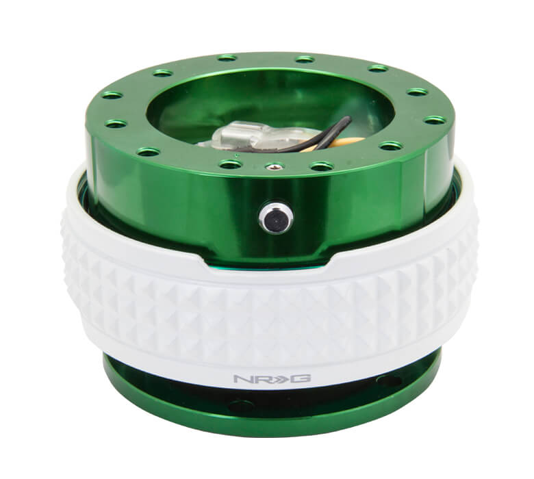 NRG Quick Release Kit Green Body with Glow in the Dark Pyramid Ring - 2.1 Pyramid Series SRK-210GN-GL, featuring a vibrant green design with a glow-in-the-dark pyramid pattern, high-quality build, and ergonomic installation for Japanese mini trucks