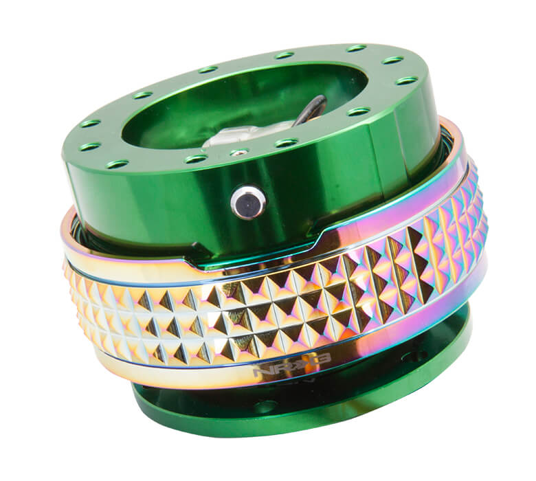 NRG Quick Release Kit Green Body with Neochrome Pyramid Ring - 2.1 Pyramid Series SRK-210GN-MC, side view showcasing premium construction and unique neochrome pyramid texture for enhanced grip and style