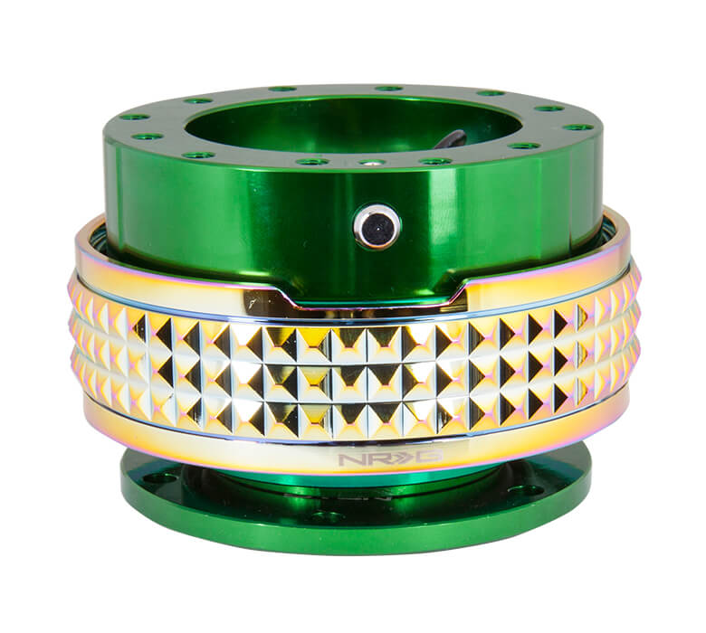 NRG Quick Release Kit Green Body with Neochrome Pyramid Ring - 2.1 Pyramid Series SRK-210GN-MC, featuring a vibrant green design with a striking neochrome pyramid pattern, high-quality build, and ergonomic installation for Japanese mini trucks