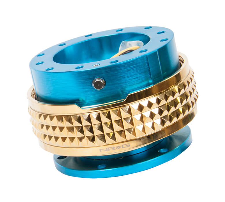 NRG Quick Release Kit New Blue Body with Chrome Gold Pyramid Ring - 2.1 Pyramid Series SRK-210NB-CG, side view showcasing premium construction and unique chrome gold pyramid texture for enhanced grip and style