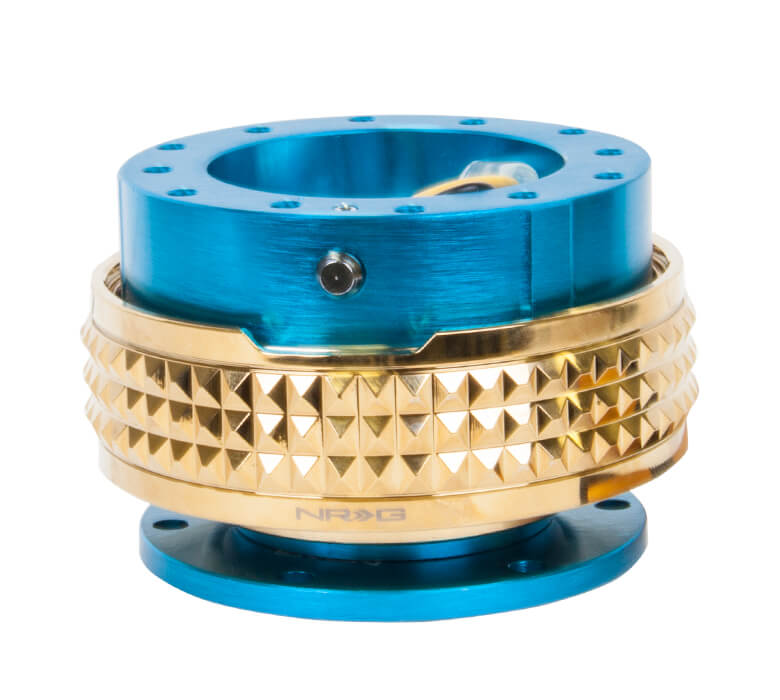 NRG Quick Release Kit New Blue Body with Chrome Gold Pyramid Ring - 2.1 Pyramid Series SRK-210NB-CG, featuring a striking blue design with a chrome gold pyramid pattern, high-quality build, and ergonomic installation for Japanese mini trucks