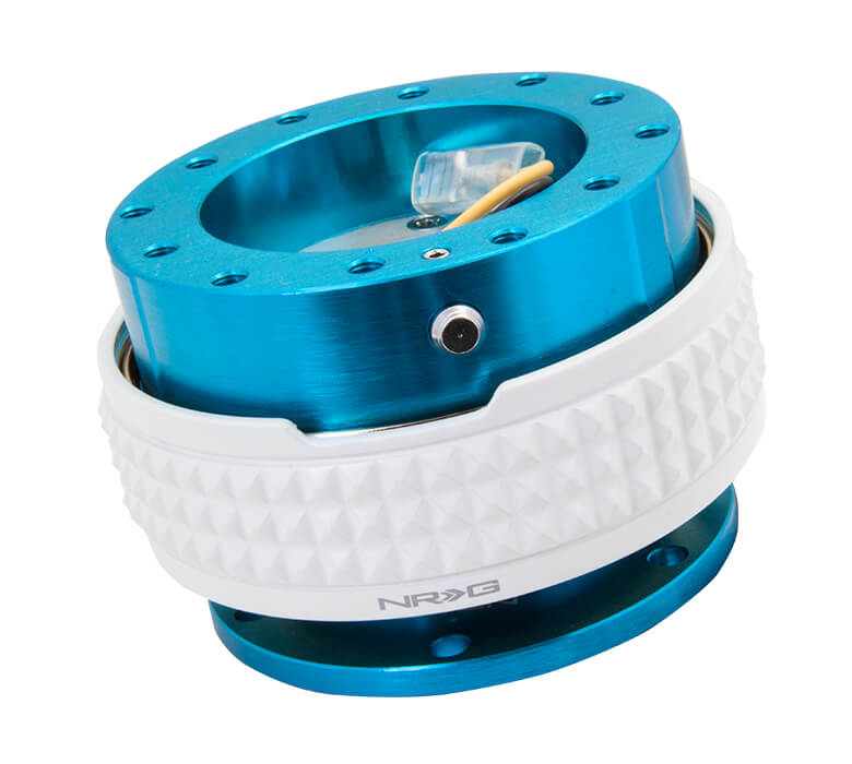 NRG Quick Release Kit New Blue Body with Glow in the Dark Pyramid Ring - 2.1 Pyramid Series SRK-210NB-GL, side view showcasing premium construction and unique glow-in-the-dark pyramid texture for enhanced grip and style