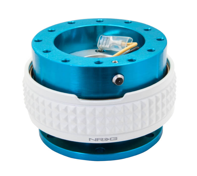 NRG Quick Release Kit New Blue Body with Glow in the Dark Pyramid Ring - 2.1 Pyramid Series SRK-210NB-GL, featuring a vibrant blue design with a unique glow-in-the-dark pyramid pattern, high-quality build, and ergonomic installation for Japanese mini trucks