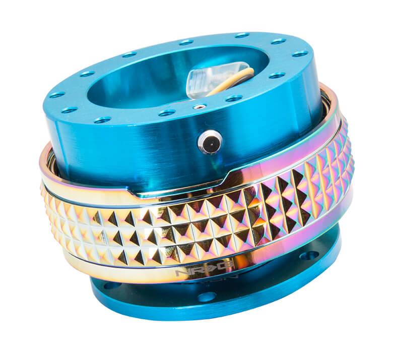 NRG Quick Release Kit New Blue Body with Neochrome Pyramid Ring - 2.1 Pyramid Series SRK-210NB-MC, side view showcasing premium construction and unique neochrome pyramid texture for enhanced grip and style