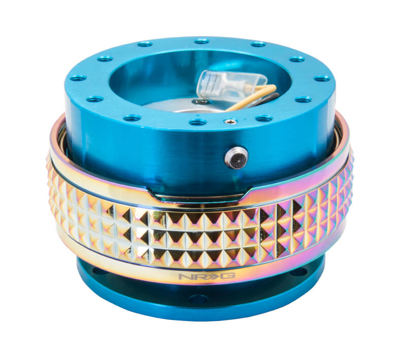NRG Quick Release Kit New Blue Body with Neochrome Pyramid Ring - 2.1 Pyramid Series SRK-210NB-MC, featuring a vibrant blue design with a unique neochrome pyramid pattern, high-quality build, and ergonomic installation for Japanese mini trucks