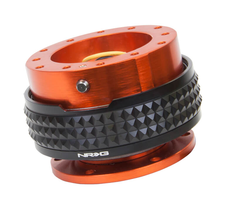 NRG Quick Release Kit Orange Body with Black Pyramid Ring - 2.1 Pyramid Series SRK-210OR-BK, side view showcasing premium construction and unique black pyramid texture for enhanced grip and style