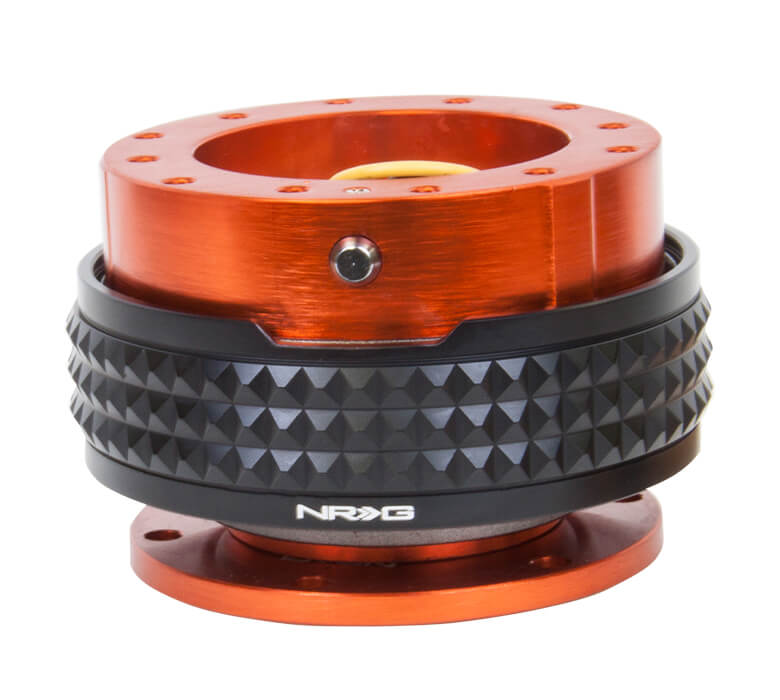 NRG Quick Release Kit Orange Body with Black Pyramid Ring - 2.1 Pyramid Series SRK-210OR-BK, featuring a vibrant orange design with a unique black pyramid pattern, high-quality build, and ergonomic installation for Japanese mini trucks