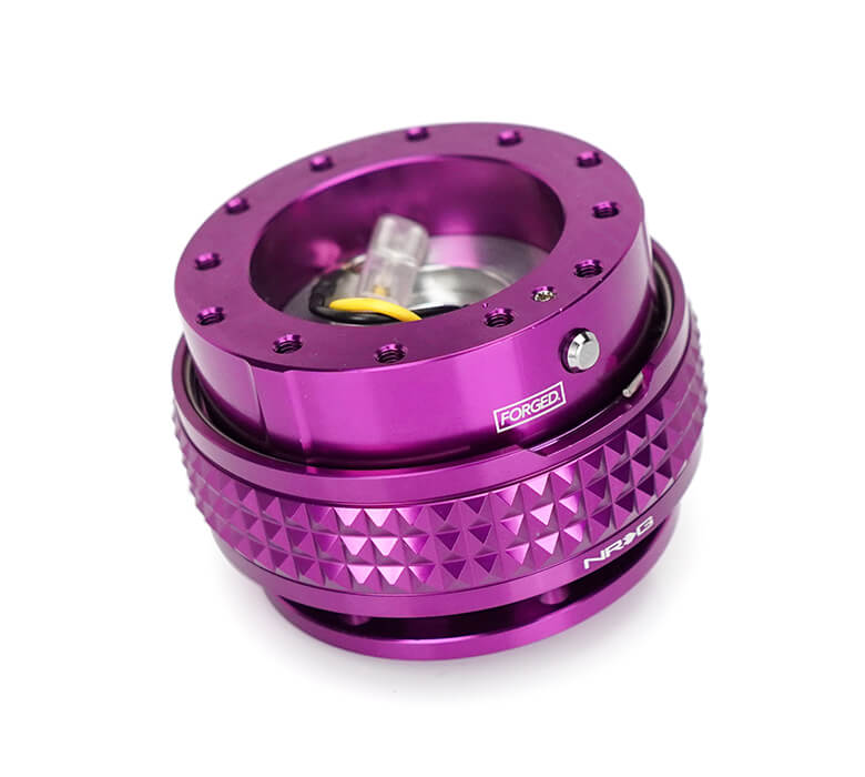 Top view of the NRG Quick Release Kit with Purple Body and Purple Pyramid Ring - 2.1 Pyramid Series - SRK-210PP-PP, emphasizing the precise design and stylish purple finish.