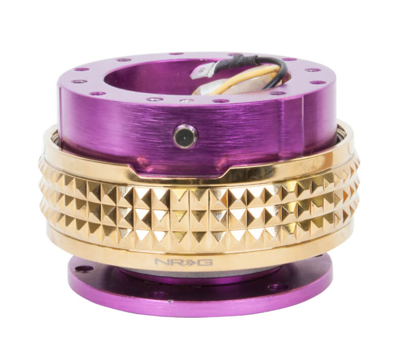 NRG Quick Release Kit with Purple Body and Chrome Gold Pyramid Ring - 2.1 Pyramid Series - SRK-210PP-CG, showcasing a sleek purple finish with an elegant chrome gold pyramid-patterned ring.