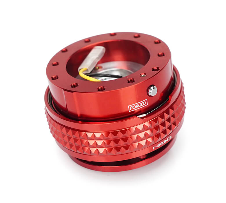Top view of the NRG Quick Release Kit with Red Body and Red Pyramid Ring - 2.1 Pyramid Series - SRK-210RD-RD, emphasizing the precise design and stylish red finish.