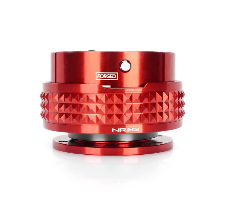 NRG Quick Release Kit with Red Body and Red Pyramid Ring - 2.1 Pyramid Series - SRK-210RD-RD, showcasing a sleek red finish with an intricately designed pyramid-patterned ring.