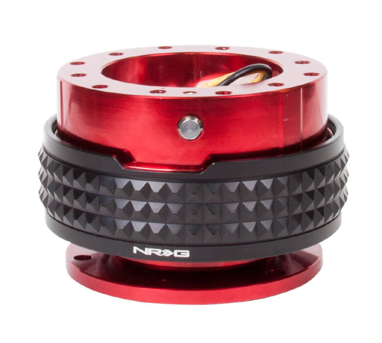 NRG Quick Release Kit with Red Body and Black Pyramid Ring - 2.1 Pyramid Series - SRK-210RD-BK, showcasing a sleek red finish with a bold black pyramid-patterned ring.