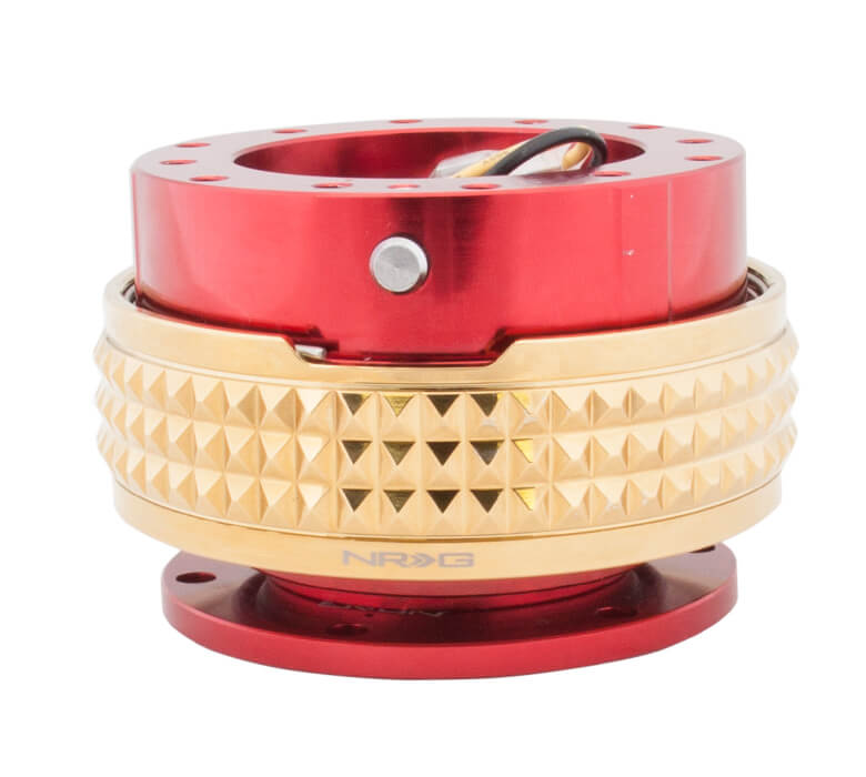 NRG Quick Release Kit with Red Body and Chrome Gold Pyramid Ring - 2.1 Pyramid Series - SRK-210RD-CG, showcasing a sleek red finish with an elegant chrome gold pyramid-patterned ring.