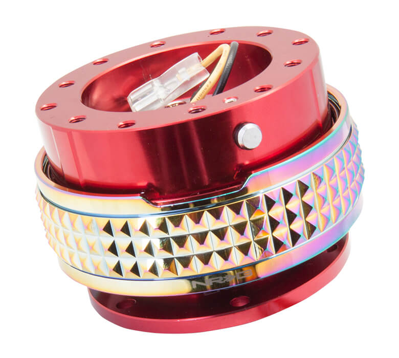 Close-up of the NRG Quick Release Kit - Red Body / Neochrome Pyramid Ring - 2.1 Pyramid Series - SRK-210RD-MC, highlighting the vibrant red color and detailed neochrome pyramid pattern.