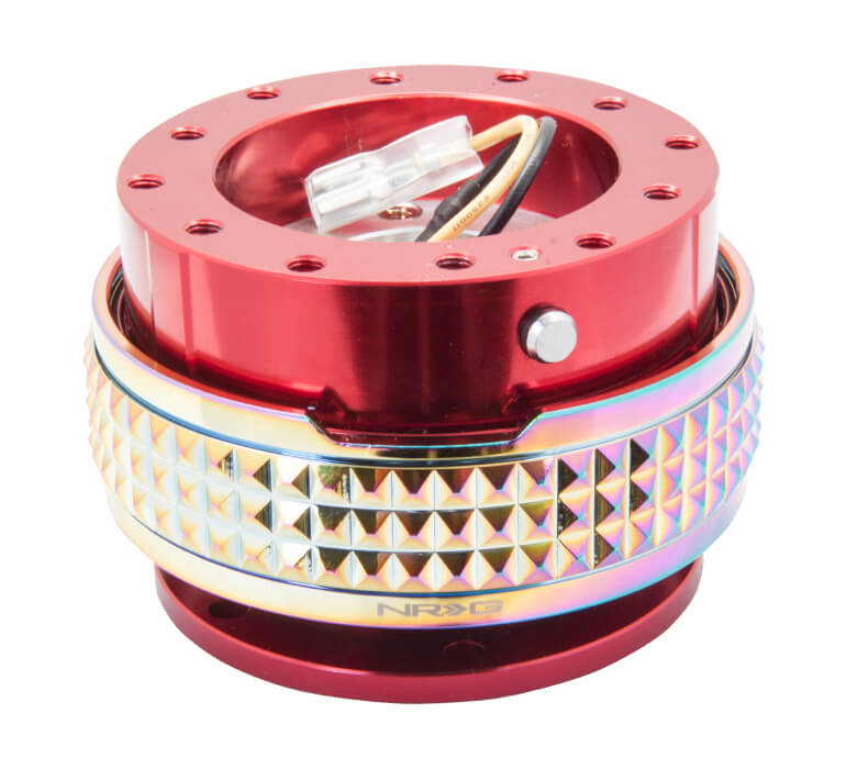 NRG Quick Release Kit with Red Body and Neochrome Pyramid Ring - 2.1 Pyramid Series - SRK-210RD-MC, showcasing a sleek red finish with an eye-catching neochrome pyramid-patterned ring.