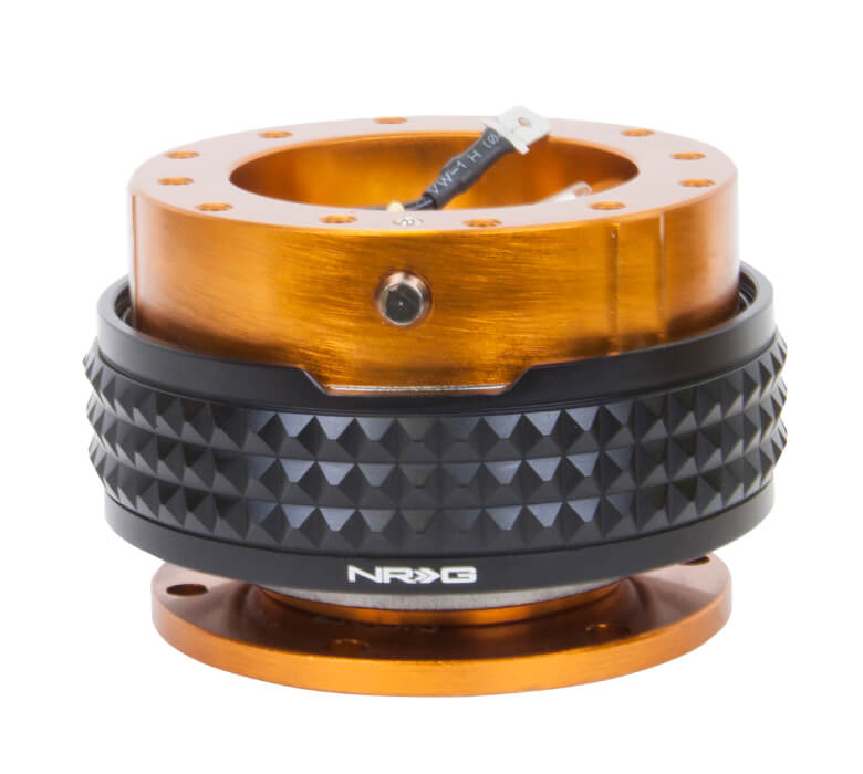 NRG Quick Release Kit with Rose Gold Body and Black Pyramid Ring - 2.1 Pyramid Series - SRK-210RG-BK, showcasing a sleek rose gold finish with a bold black pyramid-patterned ring.