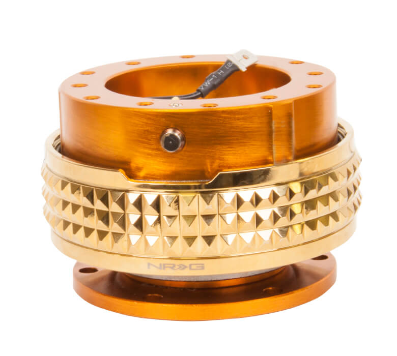 NRG Quick Release Kit with Rose Gold Body and Chrome Gold Pyramid Ring - 2.1 Pyramid Series - SRK-210RG-CG, showcasing a sleek rose gold finish with an elegant chrome gold pyramid-patterned ring.