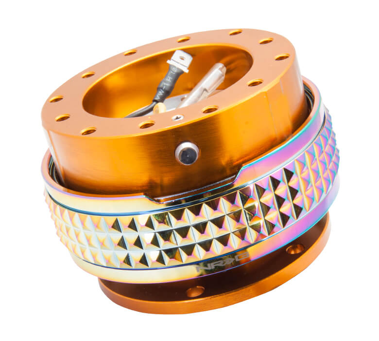 NRG Quick Release Kit with Rose Gold Body and Neochrome Pyramid Ring - 2.1 Pyramid Series - SRK-210RG/MC, showcasing a sleek rose gold finish with an eye-catching neochrome pyramid-patterned ring.