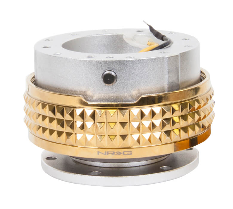 NRG Quick Release Kit with Silver Body and Chrome Gold Pyramid Ring - 2.1 Pyramid Series - SRK-210SL-CG, showcasing a sleek silver finish with an elegant chrome gold pyramid-patterned ring.