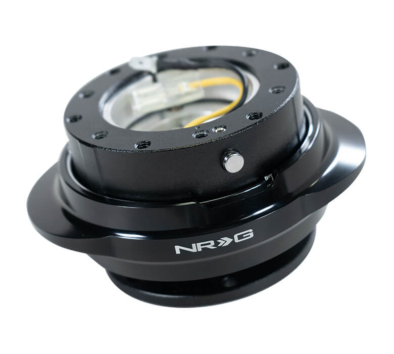 Close-up of the NRG Quick Release Kit - Black Body / Shiny Black Oval Ring - 2.1 Pyramid Series - SRK-220BK, highlighting the vibrant black color and detailed oval ring design.
