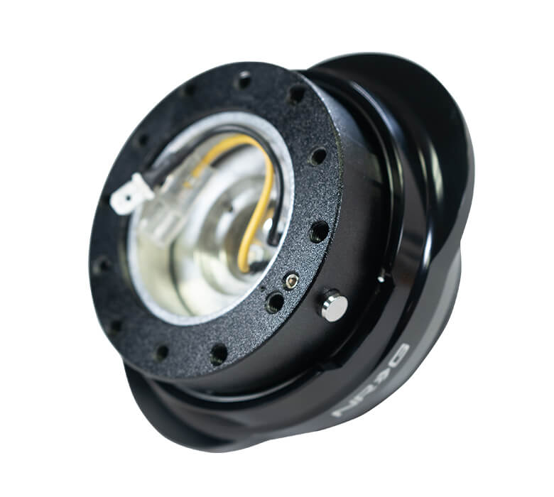 Side view of the NRG Quick Release Kit - Black Body / Shiny Black Oval Ring - 2.1 Pyramid Series - SRK-220BK, showcasing the glossy black oval ring and intricate detailing.
