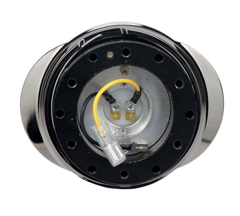 Top view of the NRG Quick Release Kit with Black Body and Shiny Black Chrome Oval Ring - 2.1 Pyramid Series - SRK-220BKC, emphasizing the precise design and stylish black finish with a chrome accent.