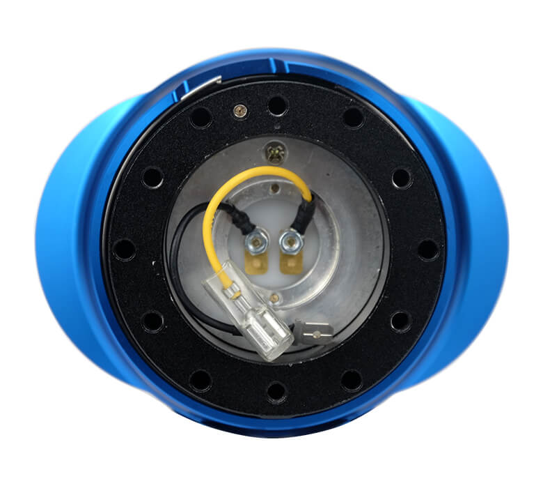 Top view of the NRG Quick Release Kit with Black Body and Shiny Blue Oval Ring - Gen 2.2 - SRK-220BK/BL, emphasizing the precise design and stylish black finish with a blue accent.