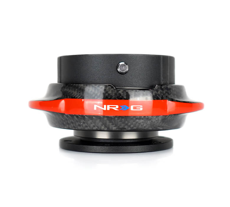 Side view of the NRG Quick Release Kit with Black Body and Carbon Fiber Red Ring - Gen 2.2 - SRK-220BK-CF/RD, showcasing the glossy carbon fiber red ring and intricate detailing.