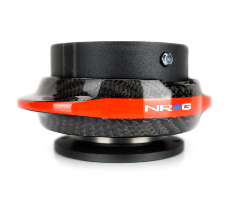 NRG Quick Release Kit with Black Body and Carbon Fiber Red Ring - Gen 2.2 - SRK-220BK-CF/RD, showcasing a sleek black finish with a striking carbon fiber red ring.