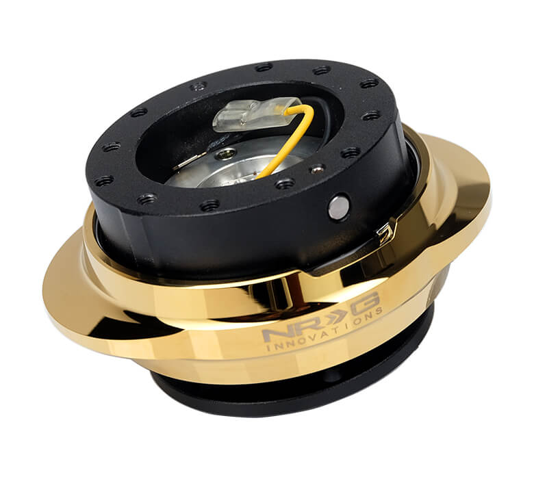 Side view of the NRG Quick ReleaseBlack Body and Shiny Chrome Gold Oval Ring - Gen 2.2 - SRK-220BK/CG, showcasing a sleek black finish with a striking shiny chrome gold oval-shaped ring and intricate detailing