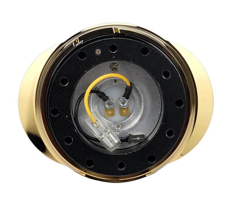 Top view of the NRG Quick Release Black Body and Shiny Chrome Gold Oval Ring - Gen 2.2 - SRK-220BK/CG, emphasizing the precise design and stylish black finish with a rGoldaccent.