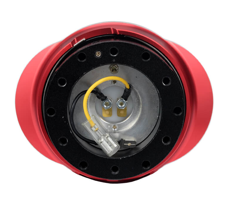 Top view of the NRG Quick Release Kit with Black Body and Shiny Red Oval Ring - Gen 2.2 - SRK-220BK/RD, emphasizing the precise design and stylish black finish with a red accent.