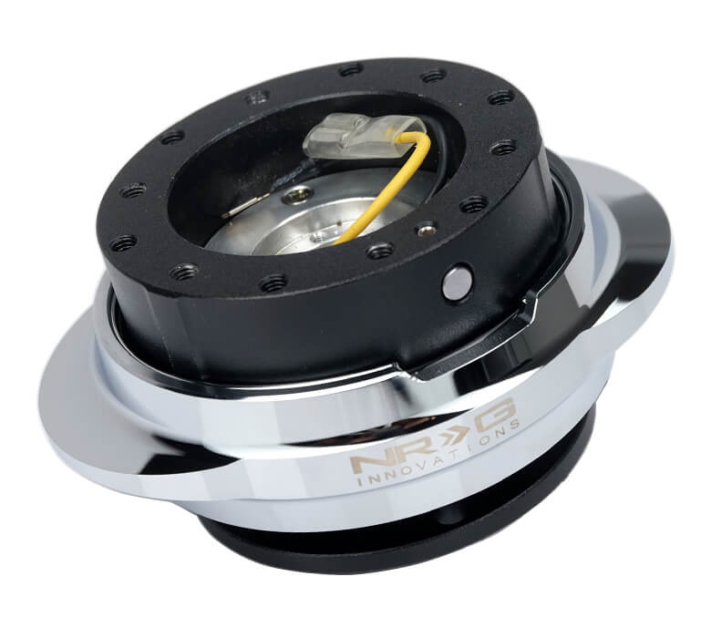 Close-up of the NRG Quick Release Kit - Black Body / Shiny Silver Oval Ring - Gen 2.2 - SRK-220BK/SL, highlighting the striking black and silver color combination with detailed design.