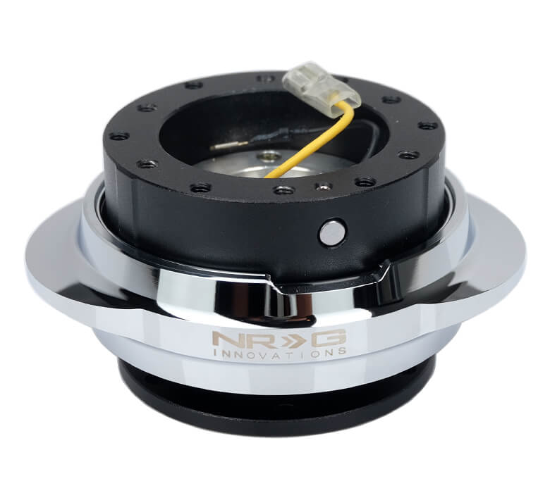 NRG Quick Release Kit with Black Body and Shiny Silver Oval Ring - Gen 2.2 - SRK-220BK/SL, showcasing a sleek black finish with a striking shiny silver oval-shaped ring.