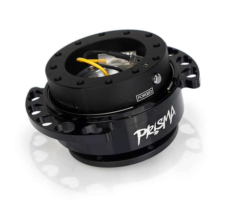 NRG Quick Release Kit SRK-222BK-BK with black body, black heart cutout ring, and Prisma logo.