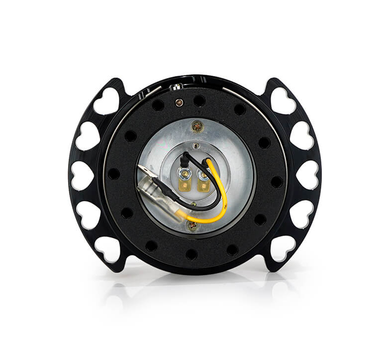 Rear view of NRG Quick Release Kit SRK-222BK-BK showcasing heart cutout ring and detailed mechanism.
