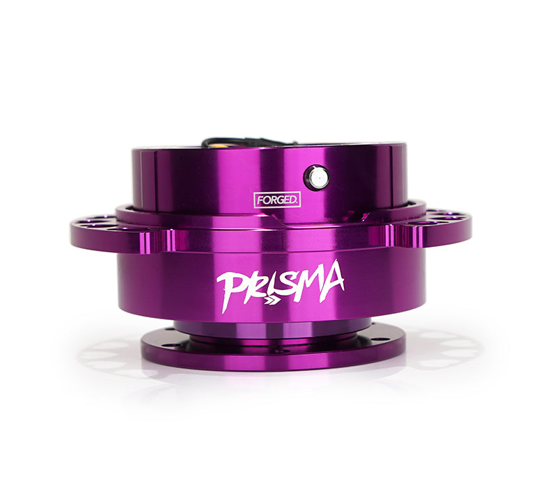 Front view of NRG Quick Release Kit SRK-222PP-PP with purple body, heart cutout ring, and Prisma logo.